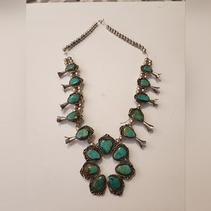 Vintage Navajo Turquoise Sterling Silver Squash Blossom Necklace